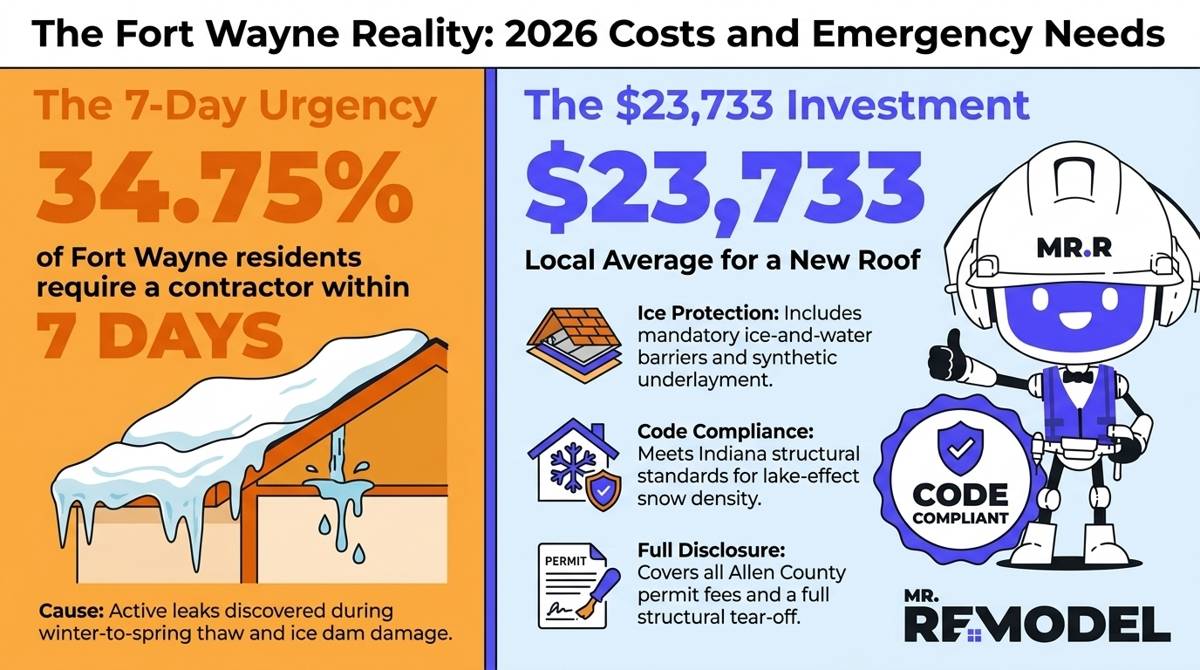 A 2026 Fort Wayne roofing cost and urgency summary infographic illustrating the 34% high-urgency rate and the $23,733 local price point for code-compliant installations.